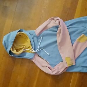 Double hood hoodie. Thumb holes, pockets. Pullover. Large brand is &